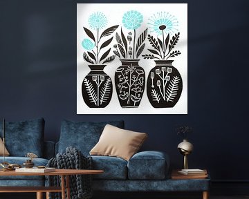 Vases with aqua blue floral lino print by Bianca ter Riet