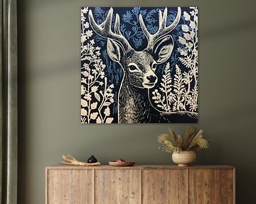 Lino print deer with antlers by Bianca ter Riet