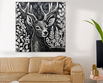 Deer black and white lino print by Bianca ter Riet