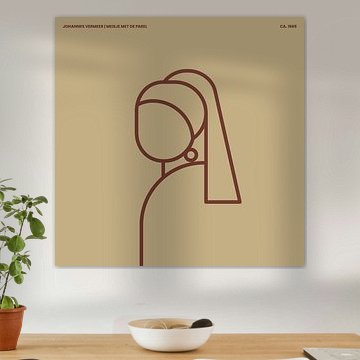 Meisje met de Parel abstracte lijn illustratoe op crème achtergrond met bruin lijnenspel