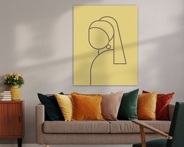 Het Meisje met de Parel abstract lijn illustratie op zachtgele achtergond met donkergrijs lijnenspel van Michel Rijk