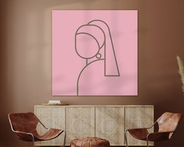 Het Meisje met de Parel abstract lijn illustratie op zacht roze achtergond met goud bruin lijnenspel van Michel Rijk