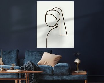 Het Meisje met de Parel abstract lijn illustratie op lichtgrijze achtergrond met donkergrijs lijnenspel van Michel Rijk
