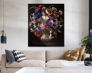 Colourful flowers in golden vase by Inkhere Art