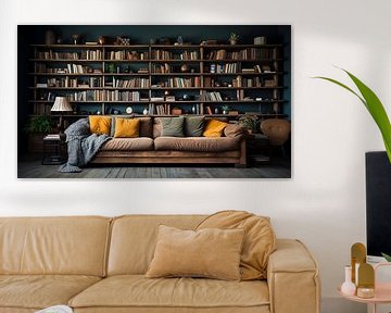 Living room with book library and couch by Animaflora PicsStock