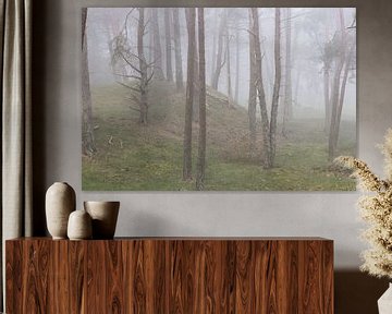 Trees on a knoll during a misty morning by Peter Haastrecht, van