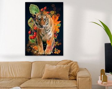 Tiger mit Hagebutten und Herbstblättern von Postergirls