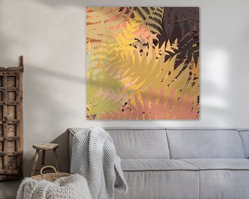 Moderne abstracte botanische kunst in warme retro kleuren. Varenbladeren. van Dina Dankers