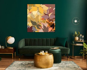 Moderne abstracte botanische kunst in warme retro kleuren. Bos in herfst van Dina Dankers