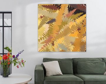 Moderne abstracte botanische kunst in warme retro kleuren. Varensbladeren in de herfst van Dina Dankers