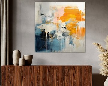 Modern abstract in oranje wit en blauw van Studio Allee