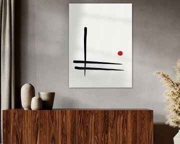 Japandi minimalistisch kunstwerk in zwart-wit en rode stip van Imaginative