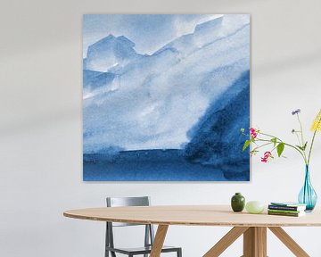 Modern abstract aquarel landschap in kobaltblauw nr. 3
