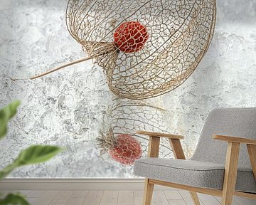 Winter still life: Lantern reflected in a winter landscape by Marjolijn van den Berg