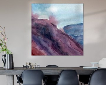 Modern abstract aquarel landschap in paars, donkerroze, aubergine, warm bruin en blauw van Dina Dankers