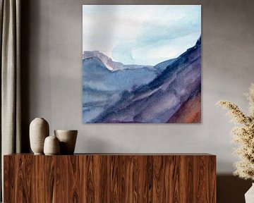 Modern abstract aquarel landschap in blauw, paars en warm bruin. van Dina Dankers