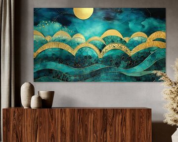 Abstract schilderij in blauw, groen en goud van Studio Allee