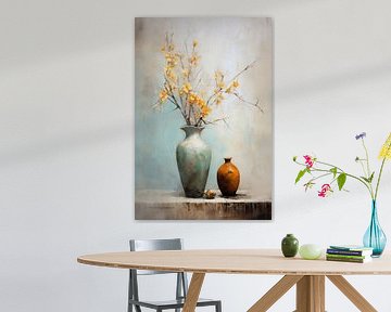 Droogboeket paint pastel blauwe vaas gele bloemen van Ellen Reografie