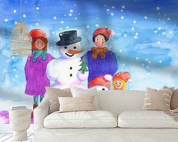 Familie met sneeuwpop van Karen Kaspar