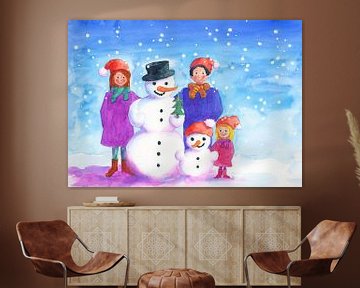 Family with snowman by Karen Kaspar