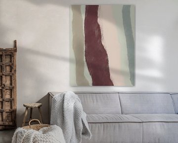 Retro 70s inspired painting with brush strokes stripes in mint, pink warm red, beige by Dina Dankers