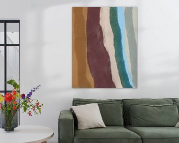 Retro 70s inspired painting with brush strokes stripes in ocher yellow, warm brown, emerald, pink and grey by Dina Dankers