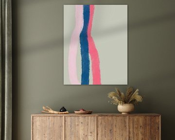 Retro 70s inspirierte Malerei mit Pinselstrichen Streifen in Mint, Neon Pink, Kobalt Blau, Pastell Rosa von Dina Dankers