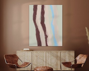 Retro 70s inspired painting with brush strokes stripes in pink, brown red, neon blue, mint grey by Dina Dankers