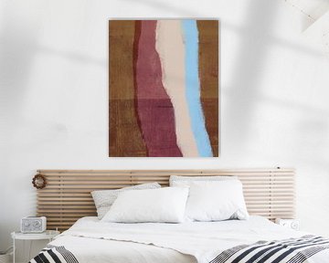 Retro 70s inspired painting with brush strokes stripes in warm pink, rusty brown, neon blue and off white by Dina Dankers