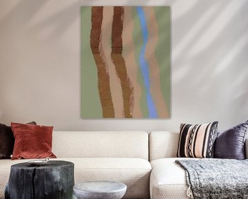 Retro 70s inspired painting with brush strokes stripes in green, neon blue, rusty brown and salmon pink by Dina Dankers