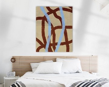 Retro 70s inspired painting with brush strokes stripes in warm brown, neon blue, and soft yellow by Dina Dankers