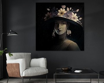 Vrouw met grote hoed en bloemen, linnen -1 van Pieternel, Fotografie en Digitale kunst