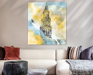 Martinitoren Groningen mist aquarel