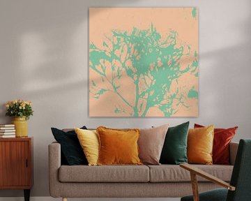 Botanical Japandi style art in pastel colors. Organic shape in neon green on natural yellow by Dina Dankers