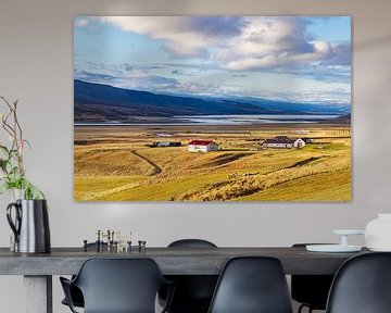 View over the lake Lagarfljót to snow-covered mountains in the east by Rico Ködder