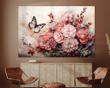 Vlinder met bloemen van Digitale Schilderijen