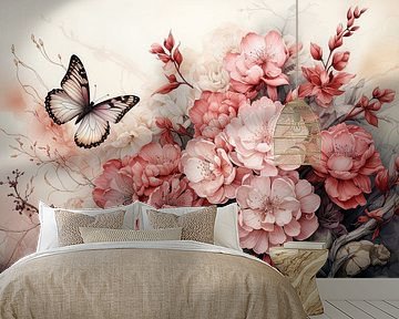 Vlinder met bloemen van Digitale Schilderijen