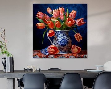 Red tulips in Delft blue vase by Vlindertuin-Art