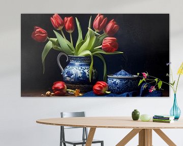 Stilleben rote Tulpen in Delfter Blau Steingutvase von Vlindertuin Art