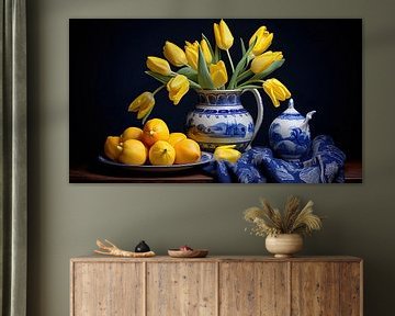 Still life with yellow tulips and Delft Blue by Vlindertuin Art