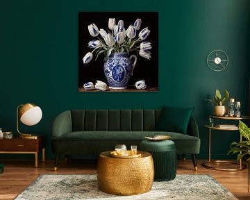 Blauw wit tulpen stilleven in Delfts blauwe vaas van Vlindertuin Art