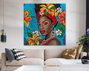Portrait Caribbean woman with flowers by Happy Paintings