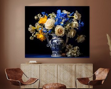 Klassisches Blumenstillleben in Delfter Blau Vase von Vlindertuin Art