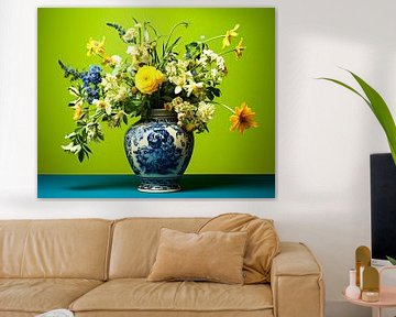 Bouquet de fleurs sauvages dans un vase Deft Blue sur Vlindertuin Art