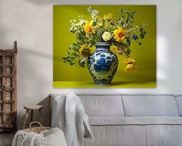 Summer flowers in vase with lime-coloured background by Vlindertuin Art