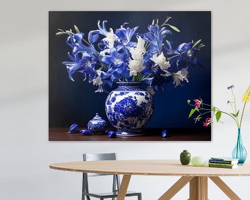 Blaue Lilien in blauer Delfter Vase Stillleben von Vlindertuin Art