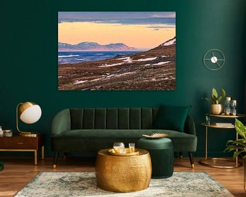 View over the lake Lagarfljót to snow-covered mountains in the east by Rico Ködder