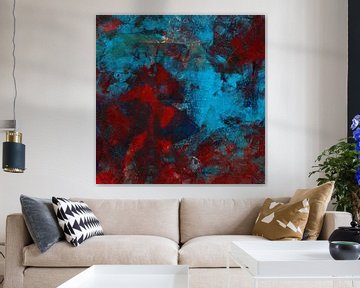 Abstract in donkerrood en turquoise blauw - Distressed look 1 van Western Exposure