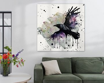 A flying raven wild watercolour
