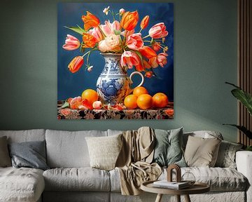 Oranje roze tulpen boeket in blauw aardewerken vaas van Vlindertuin-Art